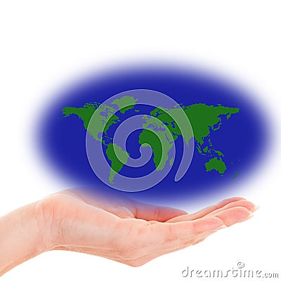 Hand holding a world map with green land masses Stock Photo