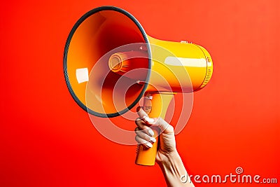 Hand holding yellow and black megaphone on red background. Generative AI Stock Photo