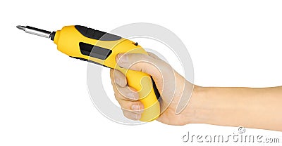 Hand holding yellow screwdriver Stock Photo