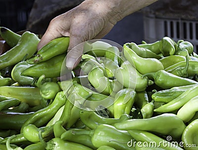 A hand is holdning green peppers at grocery store Stock Photo