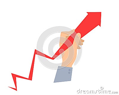 Hand holds arrow graph and pulls it to improve business. Vector Illustration