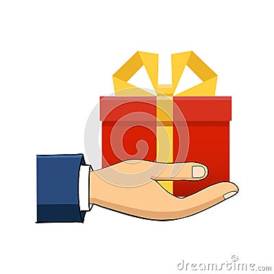 The hand that holds the box, gift. Flat style. Hand-drawn. Vector Illustration