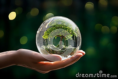 Hand holds crystal globe with a tree, Earth Day concept Stock Photo