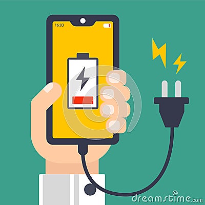 Hand holds a discharged cell phone. cord for Cartoon Illustration