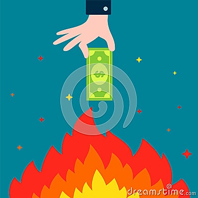 Hand holds dollar bill over bonfire. burning money. Vector Illustration