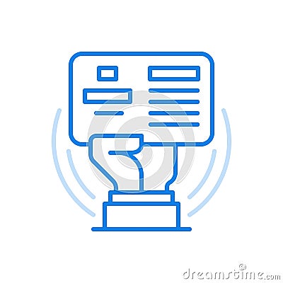 Hand holds electronic passport vector line icon. State document with chip identifying identity of bearer. Vector Illustration