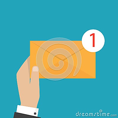 Hand holds envelope. Email and incoming messages concept. Vector Illustration