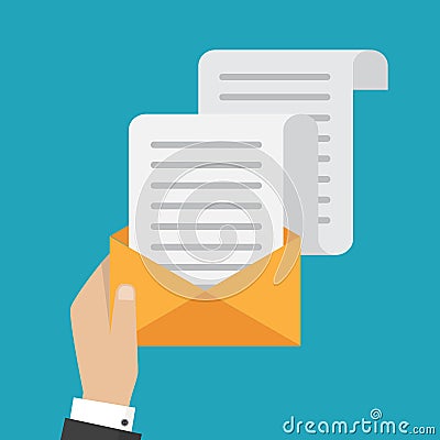 Hand holds envelope. Email and incoming messages concept. Vector Vector Illustration