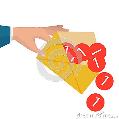 Hand holds envelope. Email and incoming messages concept. Vector Vector Illustration