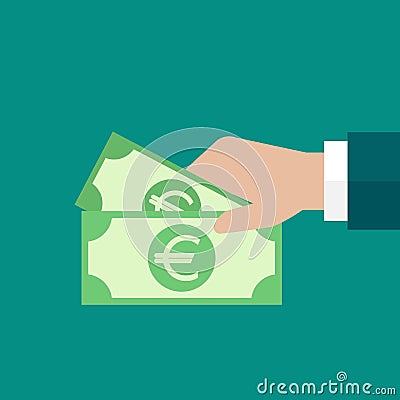 Hand holds euro banknote. Vector flat illustration on blue. Give, receive, take, earn cash Cartoon Illustration