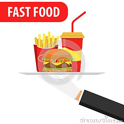 Hand holds on a fast food tray. Fast food banner. Hamburger, soda Vector Illustration