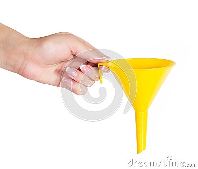 Hand holds a funnel isolated on white background Stock Photo