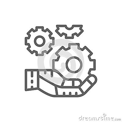 Hand holds a gear, tech development, engineering, technology line icon. Vector Illustration