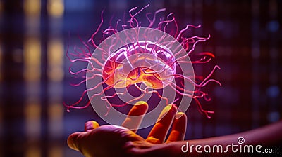 hand holds a glowing floating luminous brain, symbiosis of the human brain with a fungus, superdevelopment man of the future, Stock Photo