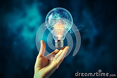 Hand holds glowing idea lamp amid blue smoke, space for innovation Stock Photo