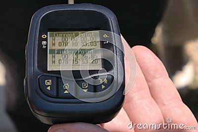 Hand holds a GPS logger with the coordinates of the Equator Zero Stock Photo