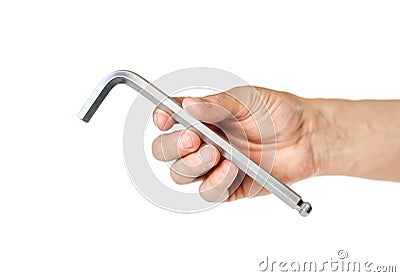 Hand holds the hex keys to repair the car. Close up. Isolated on white background Stock Photo