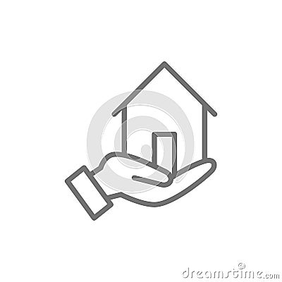 Hand holds house, home insurance, real estate protection line icon. Vector Illustration