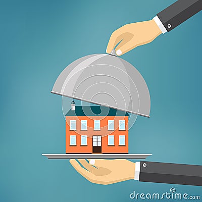 Hand holds house on tray. Vector Illustration