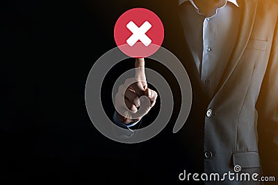 Hand holds icon,cancellation symbol,cancel icon.Cross mark flat red icon.round X mark.cancel button.Wrong.cross mark rejection. Stock Photo