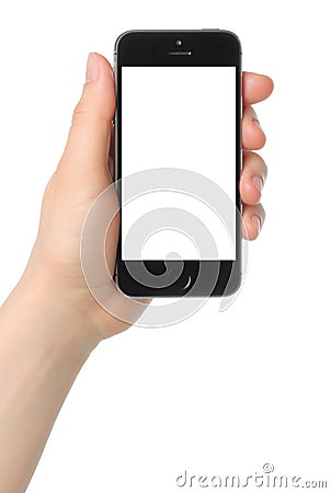 Hand holds iPhone 5s Space Gray on white background Editorial Stock Photo