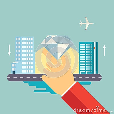 Hand Holds a Jewel on Urban Landscape Icon Vector Vector Illustration