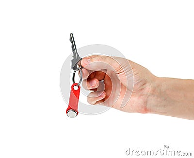 Hand holds the keys to the apartment with a chip. Close up. Isolated on white background Stock Photo