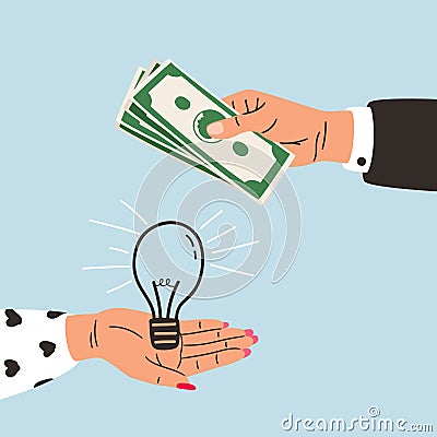 Hand holds a light bulb, hand holds money. Buy idea, investment in innovation business concept Vector Illustration