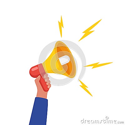 Hand holds loudspeaker. Emergency warning loud template. Protest, warning, rally, action. Vector illustration Vector Illustration