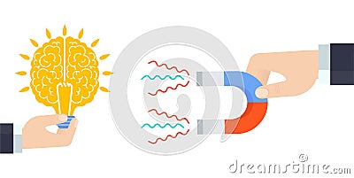 Hand holds magnet, hand holds brain. Attracts brain, knowledge. Exchange. Vector Illustration