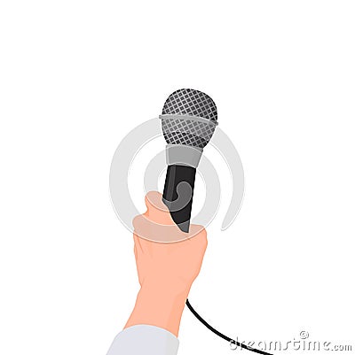 Hand holds microphone. First person interview holding press conference. Vector Illustration