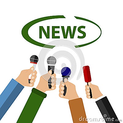 A hand holds a microphone, take an interview, news Cartoon Illustration