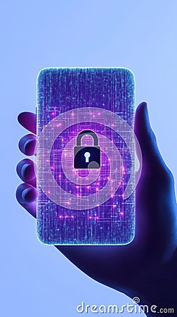Hand holds mobile phone with tech security lock. Mobile data protection tech image. Advanced security system for mobile tech. Stock Photo