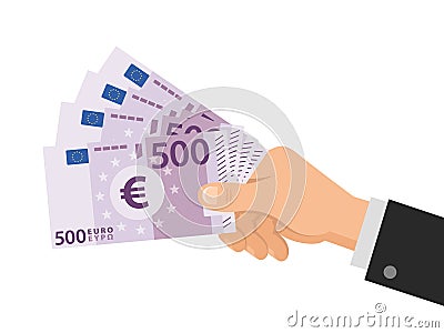 Hand holds money Euro 500 banknotes. Business concept. Isolated on white background. Flat Style. Vector illustration. Vector Illustration