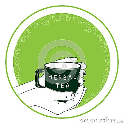 Hand holds mug of herbal tea. Healing herbal teas are used in alternative medicine Vector Illustration