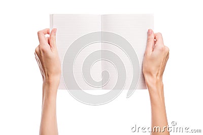 The hand holds an open book. Space Stock Photo