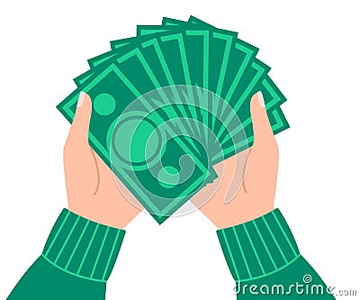 Hand holds paper cash. Money or rich man. Payment, transaction, tax, income concept. Business vector illustration Vector Illustration