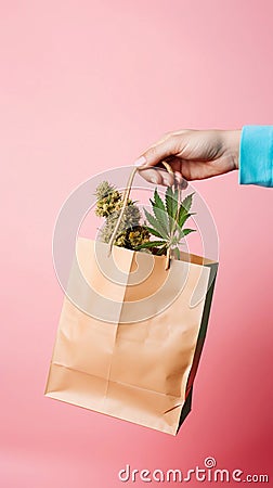 Hand holds paper Shopping bag with marijuana. Prescription of nakotic drugs in oncological practice concept. Stock Photo