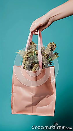 Hand holds paper Shopping bag with marijuana. Prescription of nakotic drugs in oncological practice concept. Stock Photo