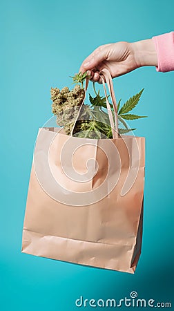 Hand holds paper Shopping bag with marijuana. Prescription of nakotic drugs in oncological practice concept. Stock Photo