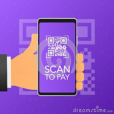 Hand holds phone with scan qr code to pay on screen. Phone on violet background. Vector illustration. Vector Illustration