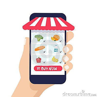 Hand holds phone. Shop, supermarket online. Selection of products. Food delivery. flat style. Vector illustration Vector Illustration