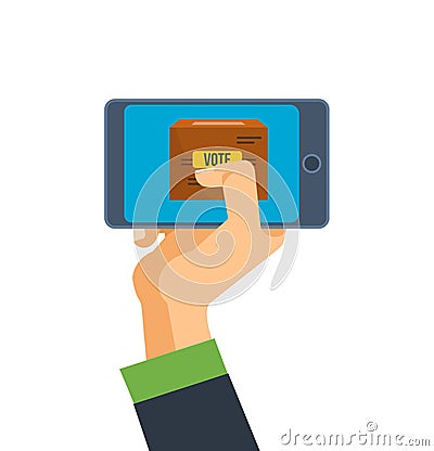 Hand holds phone, smartphone, with application for voting on screen. Vector Illustration