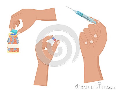 Hand holds pill and syringe, open pills bottle icons Cartoon Illustration