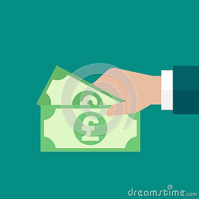 Hand holds pound sterling banknote. Vector flat illustration on blue. Give, receive, take, earn cash Vector Illustration