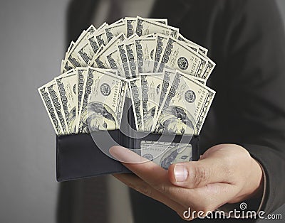 Hand holds purse and money from open wallet Stock Photo