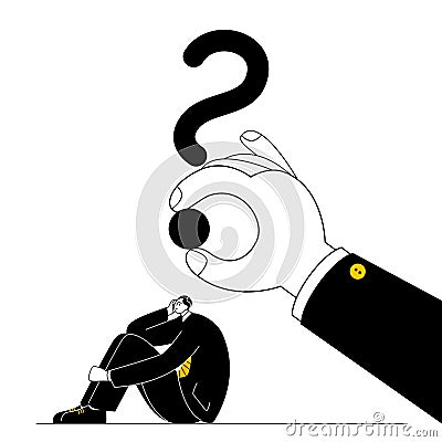 A hand holds a question mark over the head of a thoughtful man in a business suit. Vector Illustration