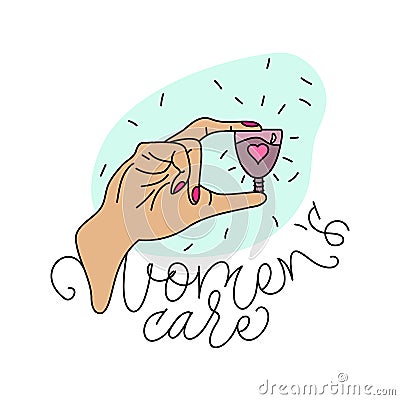 Hand holds reusable menstrual cup made medical silicone with calligraphy - women's care. Vector Illustration