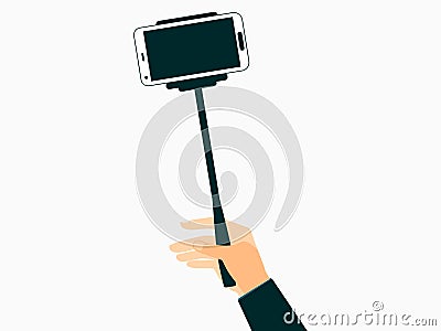 Hand holds a selfie stick with smartphones. Vector Vector Illustration