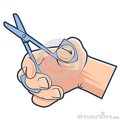 Hand holds small scissors for cutting. Vector Illustration